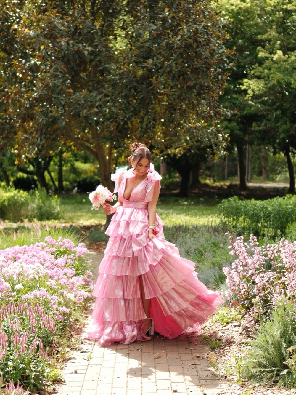 Sherri Hill Pink Tiered Ruffle Prom Dress - Picture 1 of 3